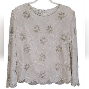 NWT Large Vintage Floral 100% Silk Pearl Beaded Iridescent Lined Cocktail Blouse
